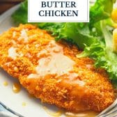 Crispy baked honey butter chicken with text title overlay.