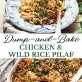 Long collage image of dump-and-bake chicken and wild rice pilaf.