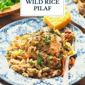 Dump-and-bake chicken and wild rice pilaf with text title overlay.