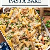 Ground turkey pasta bake with text title box at top.