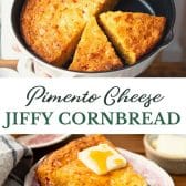 Long collage image of moist cornbread recipe with Jiffy mix and pimento cheese.