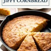 Moist cornbread recipe with Jiffy mix and pimento cheese with text title box at top.
