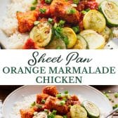 Long collage image of sheet pan orange marmalade chicken.