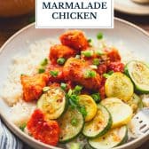 Sheet pan orange marmalade chicken with text title overlay.