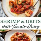 Long collage image of shrimp and grits with tomato gravy.