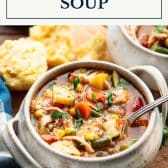 Turkey vegetable soup with text title box at top.