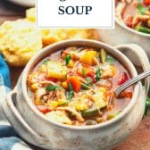 Turkey vegetable soup with text title overlay.