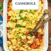Bacon cheeseburger casserole with rice and text title overlay.