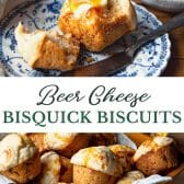 Long collage image of drop bisquick cheddar biscuits with beer.