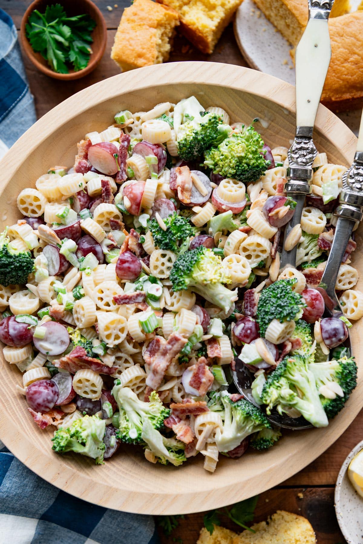 Close overhead image of broccoli grape salad.