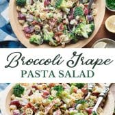 Long collage image of broccoli grape salad.