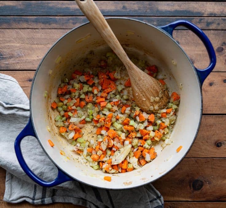 Sauteing vegetables in a dutch oven.