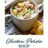 Chicken vegetable soup with text title at the bottom.