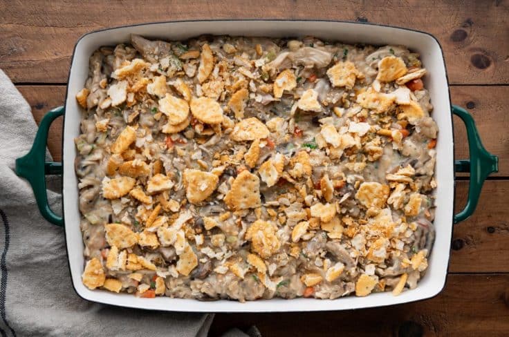 Overhead image of chicken and wild rice casserole before baking.