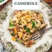 Chicken and wild rice casserole with text title overlay.