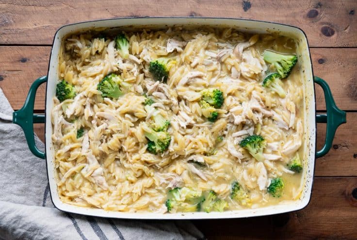 Process shot showing how to make chicken orzo casserole.