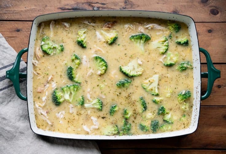 Overhead shot of ingredients for chicken orzo casserole recipe.