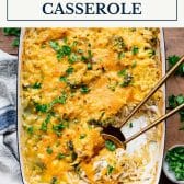 Dump-and-bake chicken orzo casserole with broccoli and text title box at top.
