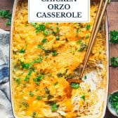 Dump-and-bake chicken orzo casserole with broccoli and text title overlay.