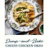 Dump-and-bake chicken orzo casserole with broccoli and text title at the bottom.