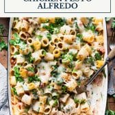 Dump-and-bake chicken pesto alfredo with text title box at top.