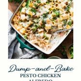 Dump-and-bake chicken pesto alfredo with text title at the bottom.
