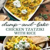 Long collage image of dump and bake chicken tzatziki with rice.