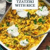 Dump and bake chicken tzatziki with rice and text title overlay.