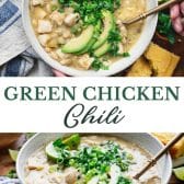Long collage image of green chicken chili.