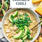 Green chicken chili with text title overlay.