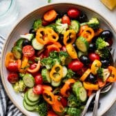 Close overhead image of a bowl of overnight marinated vegetable salad.