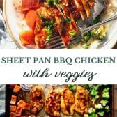 Long collage image of BBQ sheet pan chicken and veggies.