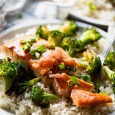 Side shot of honey glazed salmon recipe with broccoli and rice.