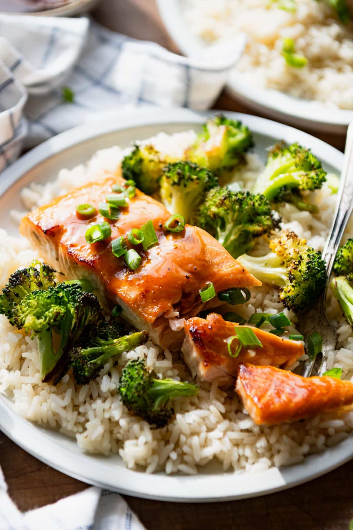 Close up side shot of honey glazed salmon recipe on rice with broccoli.