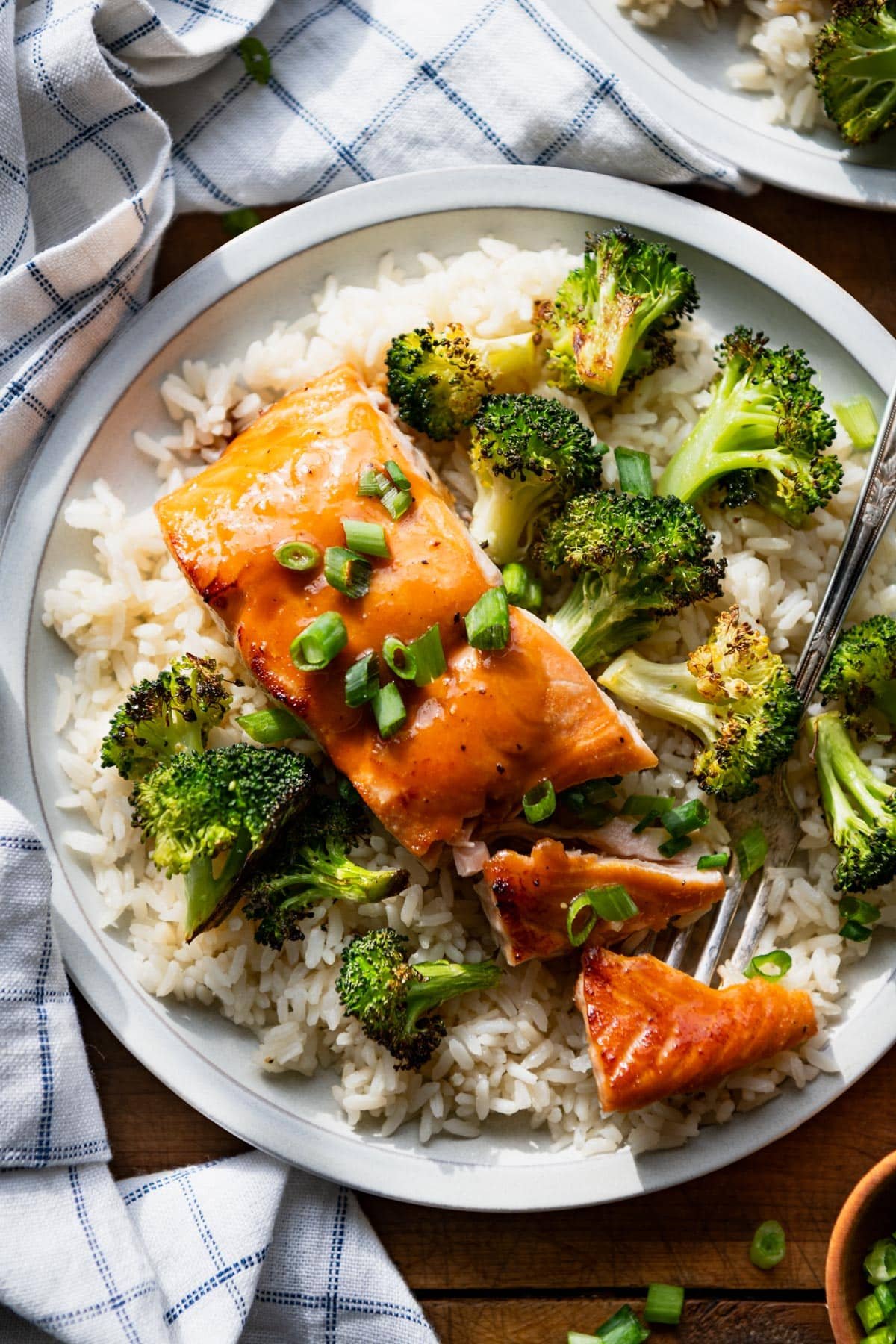 Close overhead shot of a plate of honey glazed salmon baked with broccoli and served over rice.