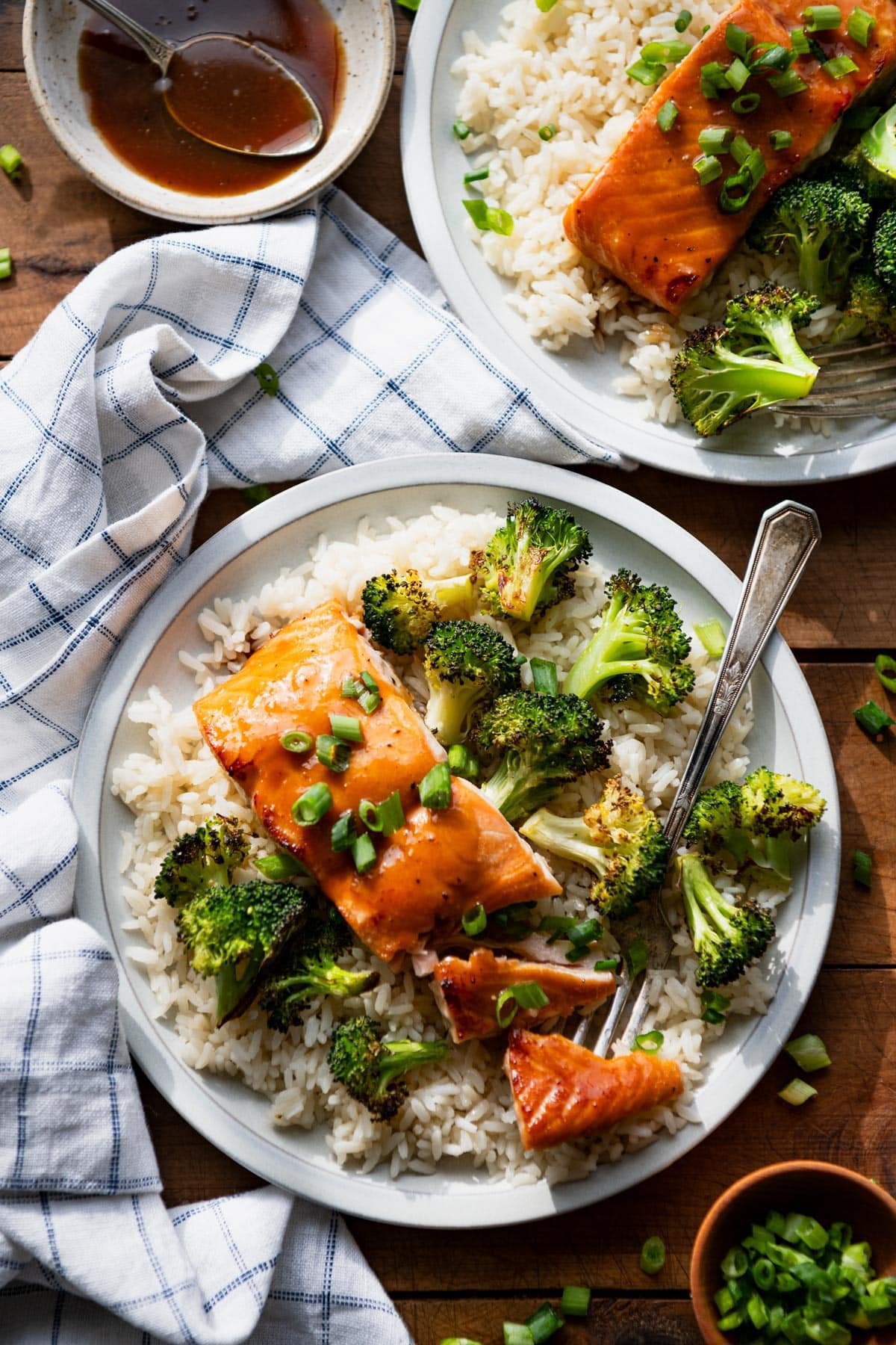 Overhead shot of baked honey glazed salmon recipe served with rice and broccoli.