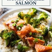 Sheet pan baked honey glazed salmon recipe with broccoli and text title box at the top.