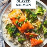 Sheet pan baked honey glazed salmon recipe with broccoli and text title overlay.