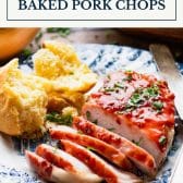Apricot glazed pork chops with text title box at top.