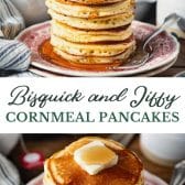 Long collage image of Jiffy cornmeal pancakes.