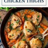 Braised chicken thighs with text title box at top.