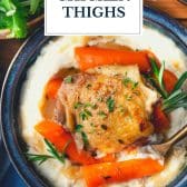 Braised chicken thighs with text title overlay.
