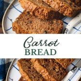 Long collage image of carrot bread (carrot cake loaf).