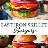 Long collage image of cast iron skillet burgers.