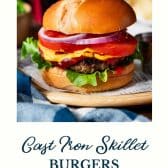 Cast iron skillet burgers with text title at the bottom.