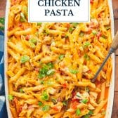 Dump and bake buffalo chicken pasta with text title overlay.