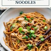 Dump and bake sesame chicken noodles with text title box at top.