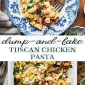 Long collage image of dump-and-bake creamy tuscan chicken pasta.