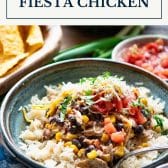 Fiesta crockpot chicken with text title box at top.