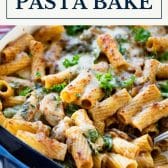 French onion pasta bake with text title box at top.